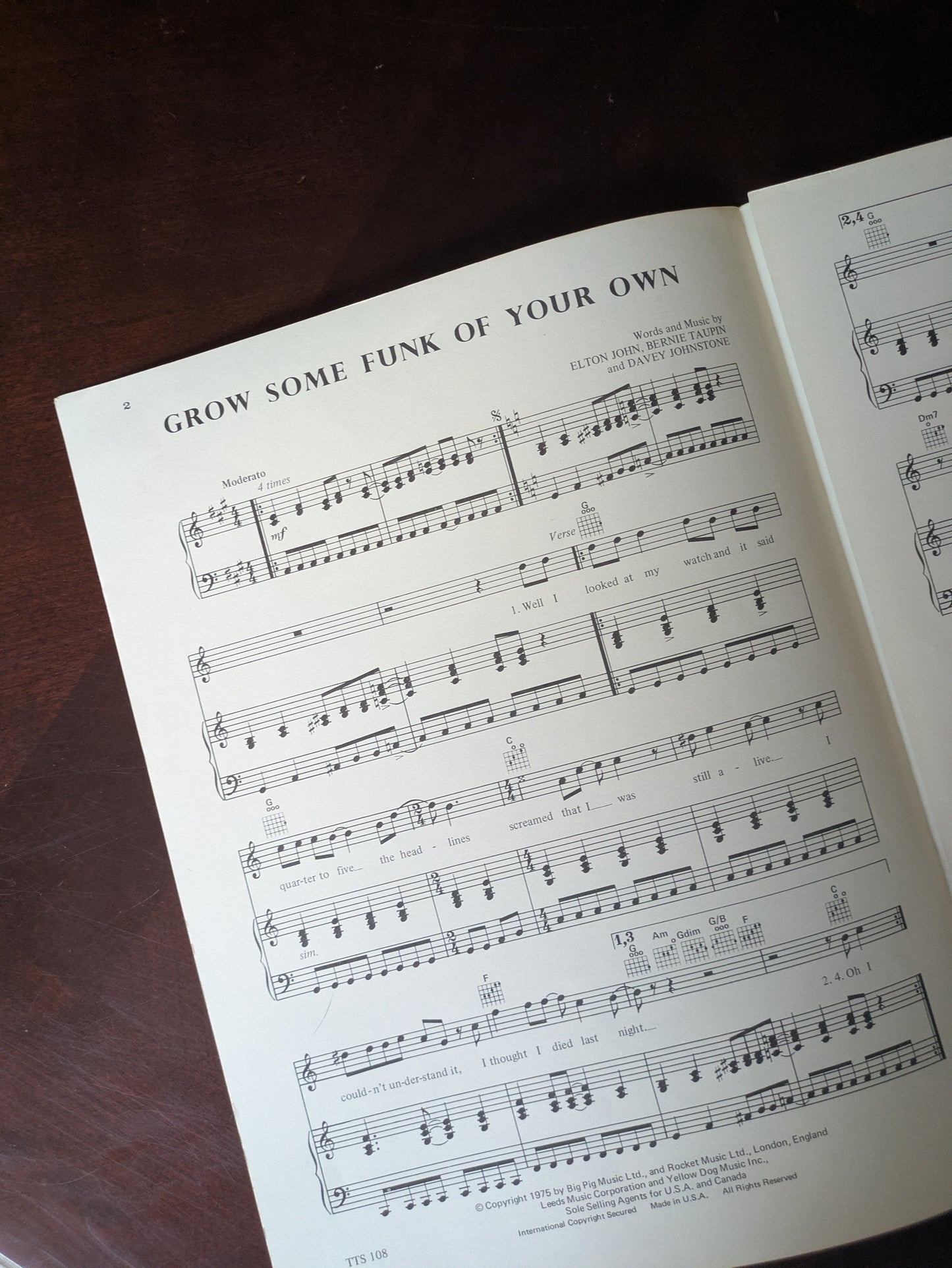 Elton John "Grow Some Funk of Your Own" Vintage Sheet Music