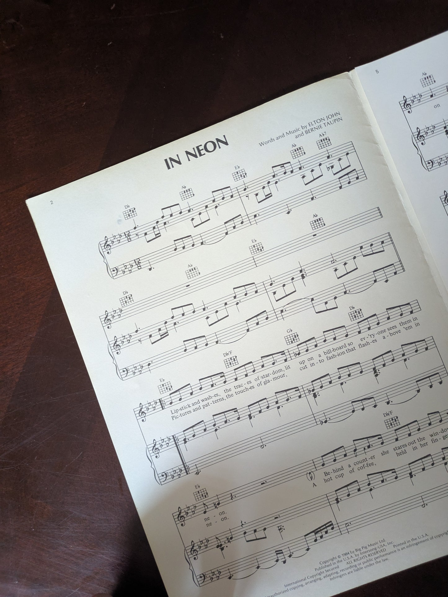 Elton John “In Neon” 1984 Original Sheet Music – Vintage Pop Collectible